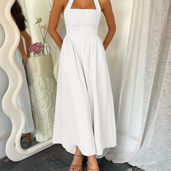 White Casual Women's Vacation Hanging Neck Elegant Long Dress - Picture 2 of 11
